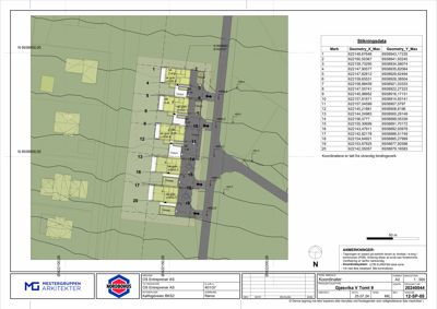 Situasjonsplan med bygningsskisse, tomtegrenser, veier og stikningsdata for Gjesvika V Tomt 9.