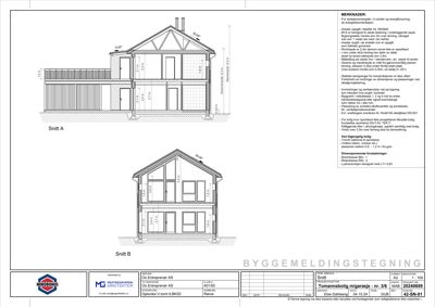 Snittegning (Snitt A og Snitt B) som viser tverrsnittet av en bolig med mål og konstruksjonsdetaljer.