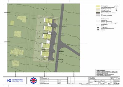 Snittegning som viser tverrsnitt gjennom en planlagt bebyggelse med omgivende tomteforhold, veier og eldedomsgrense.