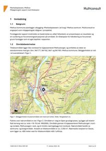 Flyfoto over et område i Melhus kommune med overlagte kartdata, veier og topografi. Bildet viser beliggenheten til et planlagt tiltaksområde (markert med sort sirkel) i forhold til kjente steder som Melhus sentrum, kjøpesenteret Melhustorget og nabolag.