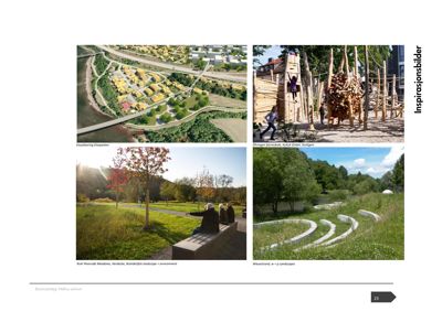 Et collage av fire bilder som viser inspirasjonsbilder fra ulike arkitektoniske og landskapsprosjekter.