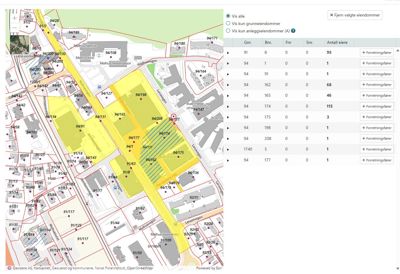 Kart over eiendomsmatrikkel med eiendomsnummer, areal og eierforhold