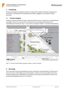 Situasjonsplan som viser plassering av 'Markedsplassen' i forhold til omgivelsene, inkludert veier (Rådhusvegen), naboområder (Melhus Torget) og planlagte elementer som kunst og trapper.