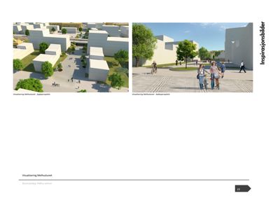 To 3D-visualiseringer (renderinger) av et byggeprosjekt kalt 'Mellhustunet'. Bildene viser fasadeutsnitt og perspektiv fra ulike vinkler.