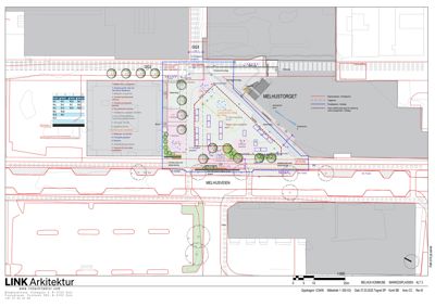 Situasjonsplan som viser bygningenes plassering i forhold til gater (Melhusveien, Markedsplassen), eksisterende beplantning, og planlagte endringer i området.