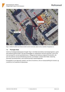 Flyfoto fra 2023 som viser et tiltaksområde på Markedsplassen i Melhus, med områder markert med rød stiplinje og pil. Bildet er en del av en miljøgeologisk rapport.