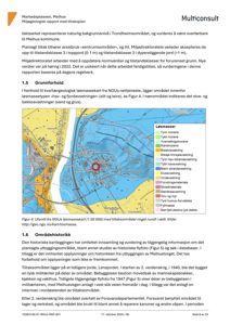 Et utsnitt fra NGUs løsmassekart som viser geologiske forhold (løsmasser) i området rundt Melhus, med tilsaksområdet markert med en rød sirkel.