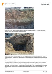 Fotografier av et markbrunn med tilhørende beskrivelse av jordlag og analyseresultater fra en miljøgeologisk rapport.