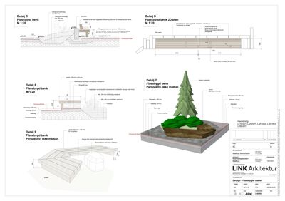 En arkitekttegning som viser detaljerte tegninger (Detalj C, E, F) og perspektiv (Detalj G) av en plassbygd benk, samt en 2D plan (Detalj D).