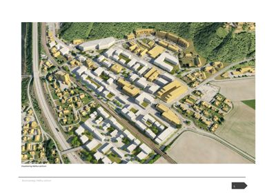 3D-visualisering (rendering) av et stort byutviklingsprosjekt sett fra luften. Bildet viser plassering av mange bygninger, veier, jernbanespor og omgivende natur.