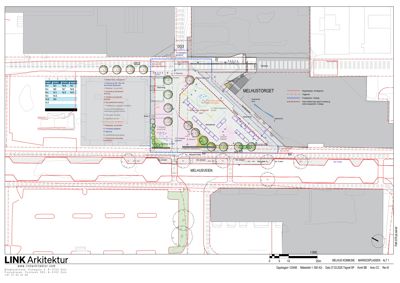 Situasjonsplan som viser bygningens plassering i forhold til veier (Melhusveien, Melhusforget), naboeiendommer, og planlagt beplantning.