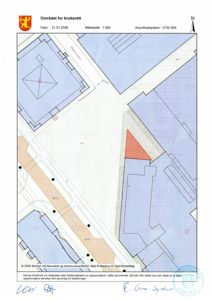 Situasjonsplan som viser et område for bruksrett med bygninger, veier og tomtegrenser.