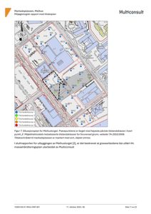 Situasjonsplan som viser prøvepunkter (SK1-SK35) og tilstandsklasser for forurenset grunn på Melhus torget.