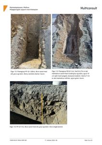 Fotografier av utgravde prøvegrop (M1 og M2) med beskrivende tekster under hver bilde.