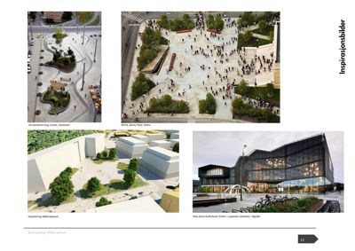 En samling bilder som viser inspirasjon for et prosjekt, inkludert fotografer av eksisterende plasser og 3D-visualiseringer.