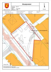 Situasjonskart som viser eiendomsnummer 94/177 i Melhus kommune, med angitt grenser, naboeiendommer og topografi.