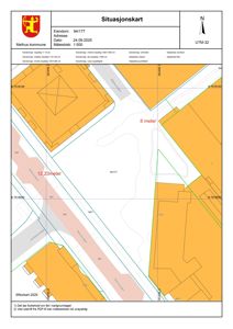 Situasjonskart som viser eiendomsnummer 94/177, nabolagsgrenser og målinger (8 meter, 12,23 meter) for en byggesak i Melhus kommune.
