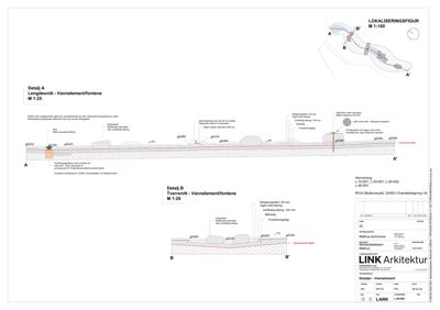 Tegning som viser detaljerte snitt (lengdesnitt og tværsnitt) av vannelement/fontene, inkludert konstruksjonsdetaljer, materialer og nivåer.