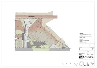 Situasjonsplan som viser tomtens form, høydemålinger, terrengform og nabogrenser.