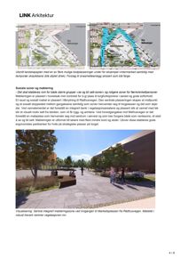 Fotografi av en utendørs møteplass med benker og vegetasjon, illustrerende en del av et arkitektonisk prosjekt.