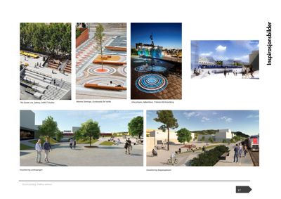 Et sammensatt bilde (collage) som viser en blanding av eksisterende fotograferinger og 3D-renderinger av ulike arkitektoniske prosjekter, inkludert trapper, mønstrede gulv og offentlige plasser.