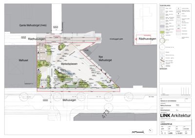 En landskapsplan (situasjonsplan) som viser plassering av en ny parkeringsplass ('Markedsplassen') i forhold til eksisterende og nye bygninger, samt vegnett.