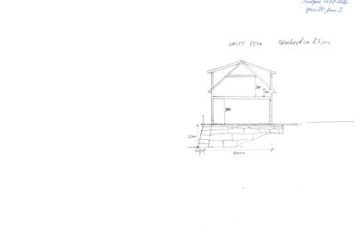 Snittegning som viser tverrsnitt gjennom en bygning, inkludert fundament, vegger og takkonstruksjon.