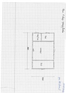 Håndtegnet etasjeplan (topplan) for en garasje med romfordeling og mål.