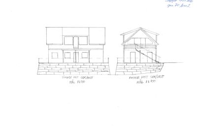 Håndtegnet fasadeoppvisning med to utsnitt av en bygning (Sør/Aust og Sør/Vest) inkludert skisse av trapp og grunnmur.