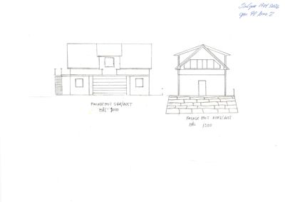 En håndtegnet fasadetegning som viser to utsnitt av en bygning (mot sør/øst og mot nord/øst) med skriftlige notater om retning og målestokk.