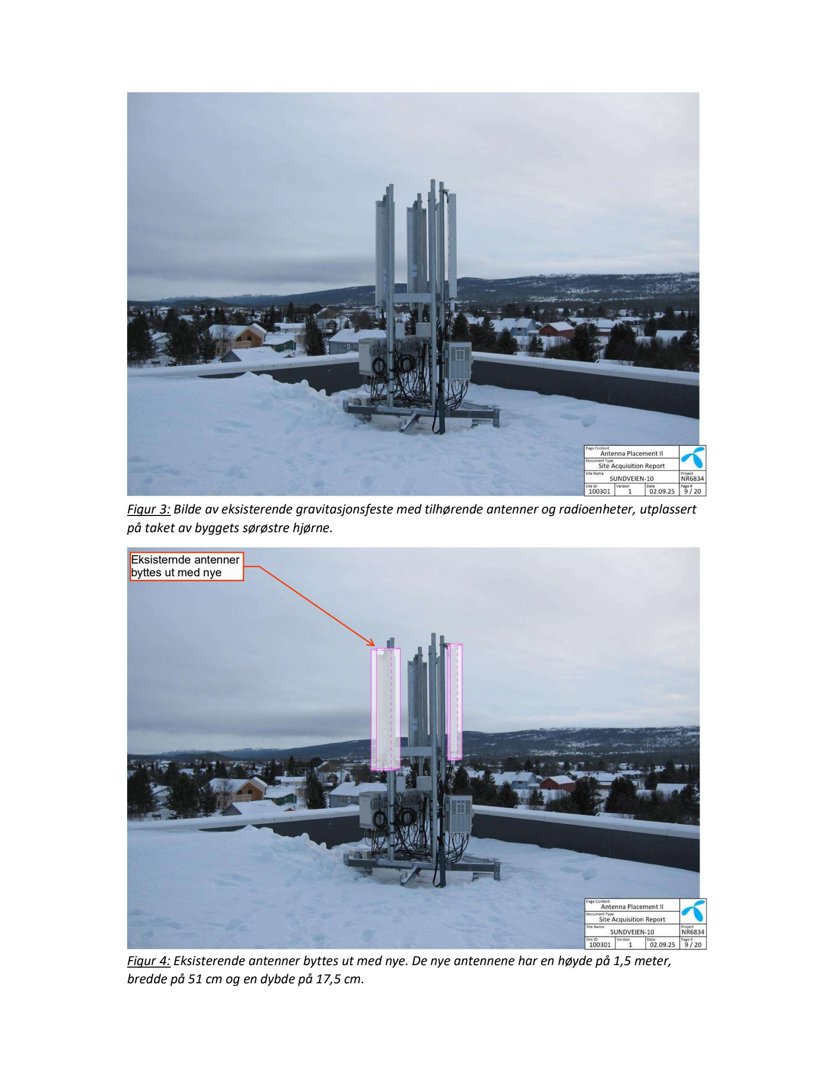 Fotografier av eksisterende gravitasjonsfeste og antenner på et tak, med tekster som forklarer utskiftingen av utstyr.