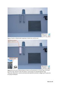 Fotografier av en bygning (tilbaketrukket toppetasje) med tekniske merknader om antenner og kabelskinner.