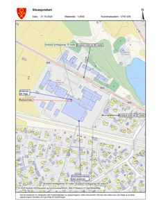 Situasjonskart som viser bygningers plassering i forhold til vei, tomtegrenser og nabolag.