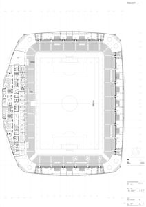 Etasjeplan (topplan) som viser romfordeling, tribuner og banen i en fotballarena.