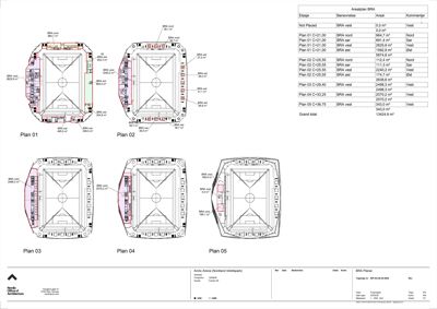Etasjeplaner (Plan 01 til Plan 05) med romareal og arealoppdeling for BRA-nord, BRA-sør og BRA-vest.