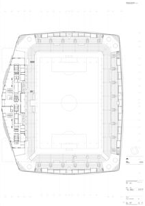 Etasjeplan (topplan) av et fotballstadion som viser plassering av tribuner, banen og tilhørende fasiliteter.