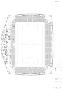 Etasjeplan (toppsikt) av en fotballarena som viser plassering av tribuner, spillfelt og tilhørende funksjoner.