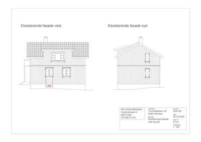 Tegning som viser eksisterende fasader (vest og syd) for en bygning.