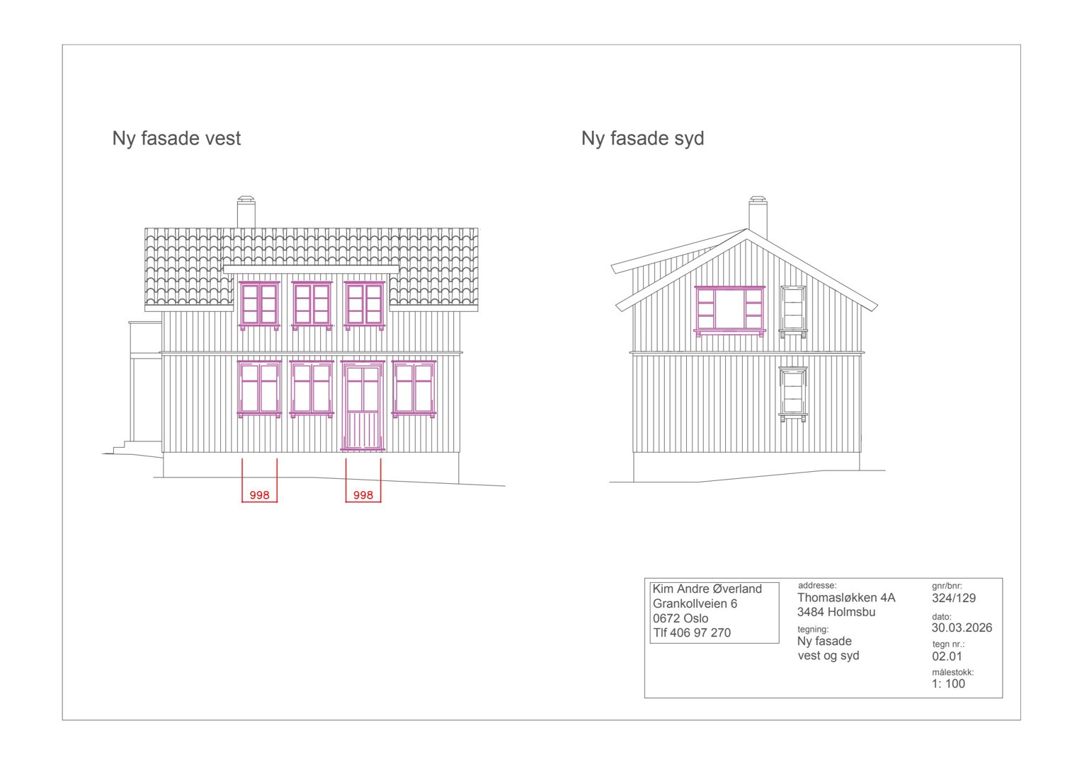 Fasadetegning som viser oppriss av bygningen sett fra vest og syd.