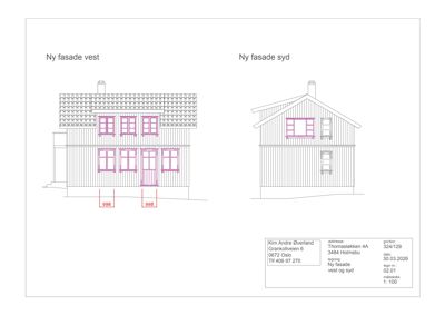 Fasadetegning som viser oppriss av bygningen sett fra vest og syd.