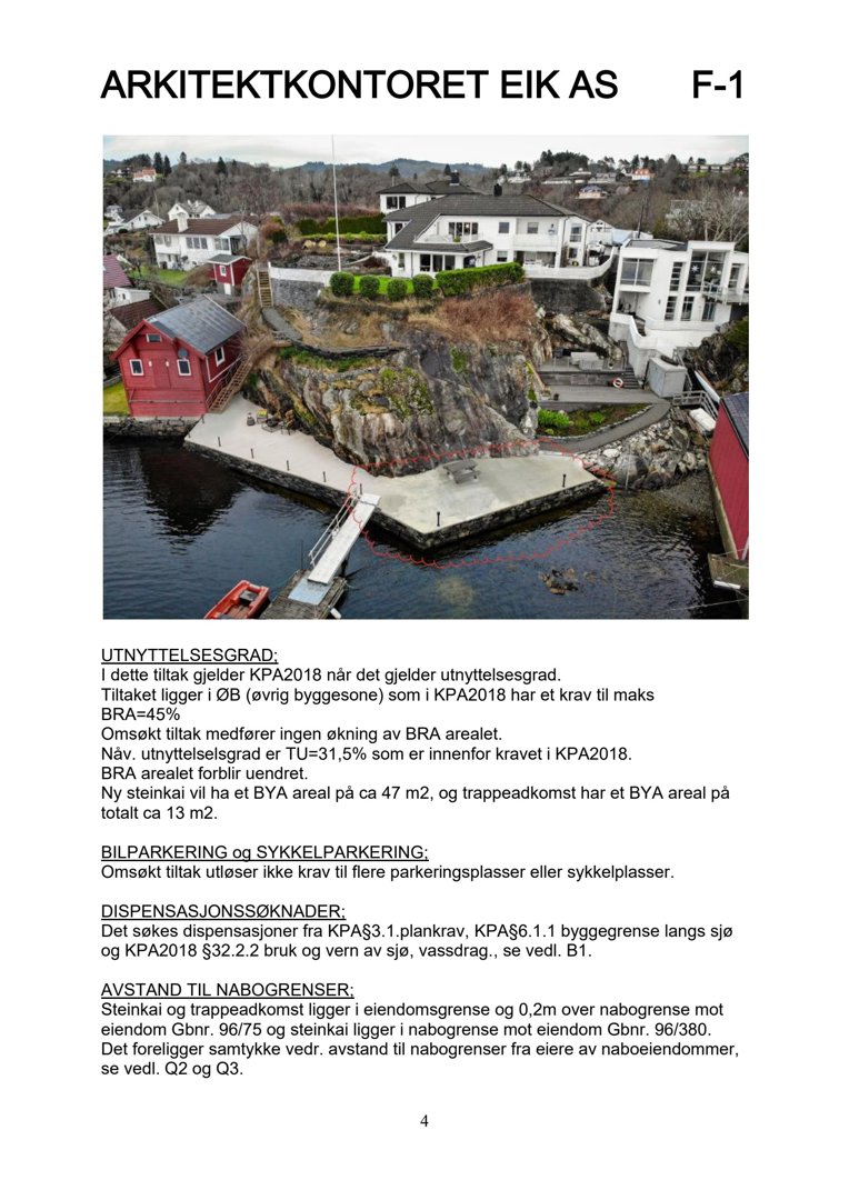 Fotografi av en eksisterende bygning (steinkai) og naboeiendommer, inkludert en rød båthavn.