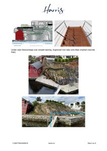 Fotografier av eksisterende bygninger og terreng, inkludert en fotonotasjon over en omsøkt løsning med markeringer for avgrensning mot nabo.