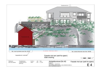 Fasadetegning som viser bygningens utseende sett fra sør (fra sjøen), inkludert detaljer om trapp, vegger og terreng.