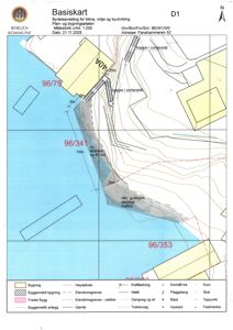 Basiskart (situasjonsplan) som viser eiendomsgranser, bygninger, høydekoter og infrastruktur for et område ved Fanahammeren 52.