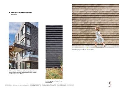 Et dokument som viser referansebilder av materialer (bekledningstegl) og fargebruk for en byggesak. Bildet inneholder tre fotografier av fasader og materialteksturer.