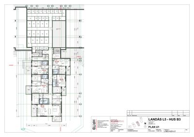 Etasjeplan (PLAN U1) som viser romfordeling, veggposisjon og mål for en etasje i bygget LANDÅS L5 - HUS B3.