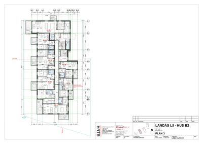 Etasjeplan (PLAN 3) som viser romfordeling og mål for leilighetene i bygningen LANDÅS L5 - HUS B2.