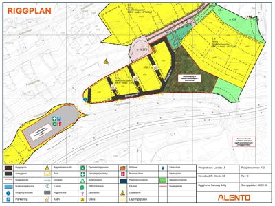 Riggplan som viser tomtens oppdeling, byggefelt, anleggsgater og infrastruktur.