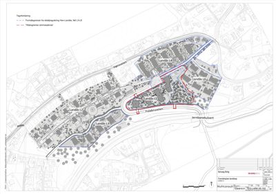 Situasjonsplan som viser tomtens beliggenhet i forhold til naboeiendommer, veier og jernbanekulvert, samt arealplanleggingsgrenser.