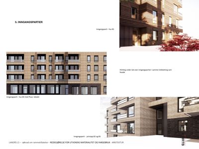 3D-visualiseringer av inngangspartier for ulike hus i en boligprosjekt.